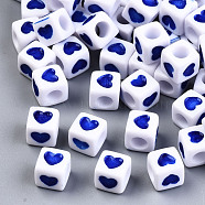 Opaque Acrylic European Beads, Large Hole Cube Beads, with Heart Pattern, Blue, 7x7x7mm, Hole: 4mm(X-OPDL-S078-09)
