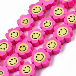 Handmade Polymer Clay Bead Strands, Flower with Smile, Deep Pink, 8~10x8~10x4~5mm, Hole: 1.2~1.6mm, about 38~40pcs/strand, 12.99 inch~15.94 inch(33~40.5cm)(CLAY-N006-73F)