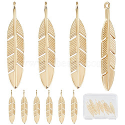 10Pcs Brass Pendants, Long-Lasting Plated, Feather, Real 18K Gold Plated, 33x6.5x1.5mm, Hole: 1.4mm(KK-BBC0005-75)