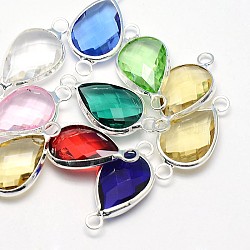 Silver Color Plated Brass Glass Teardrop Links connectors, Mixed Color, 21x11x5mm, Hole: 2mm(GLAA-J010A-S)