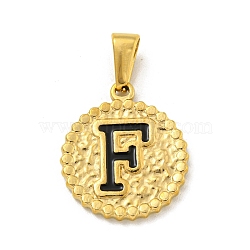 Ion Plating(IP) 304 Stainless Steel Enamel Pendants, Golden, Flat Round with Letter Charm, Letter F, 21x18x2mm, Hole: 8x3.5mm(STAS-R231-19F-G)