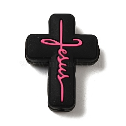 Silicone Beads, Cross with Word Jesus, Black, 30x22x8mm, Hole: 2.5mm(SIL-Z010-01I)