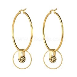 Cubic Zirconia Beads Charm Big Hoop Earrings for Women, 304 Stainless Steel Ring Drop Earrings, Golden, Black, 65x44mm, Pin: 0.9~1.5mm(EJEW-JE04705)