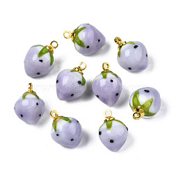 Handmade Porcelain Pendants, with Golden Plated Brass Findings, Famille Rose Style, 3D Strawberry, Lilac, 14~16x10~11mm, Hole: 1.6mm(PORC-N004-152A-04)
