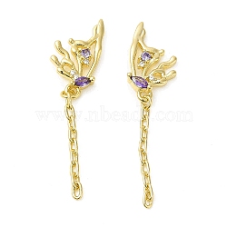 Purple Cubic Zirconia Butterfly Dangle Stud Earring, Brass Tassel Drop Earrings for Women, Cadmium Free & Nickel Free & Lead Free, Real 18K Gold Plated, 42mm, Pin: 0.7mm(EJEW-H092-09G)