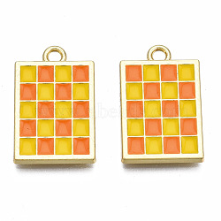 Rack Plating Alloy Checkerboard Pendants, with Enamel, Cadmium Free & Lead Free, Light Gold, Rectangle with Grid Pattern, Coral, 22x13.5x2mm, Hole: 2mm(PALLOY-S132-256D-RS)