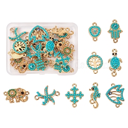 18Pcs 9 Styles Alloy Connector Charms, with Turquoise Color Resin, Cross & Teardrop & Sea Horse, Mixed Shapes, Light Gold, 13.5~26x10~22.5x2.5~4mm, Hole: 1.5~2mm, 2pcs/style(FIND-TA0002-21)