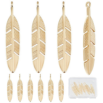 10Pcs Brass Pendants, Long-Lasting Plated, Feather, Real 18K Gold Plated, 33x6.5x1.5mm, Hole: 1.4mm