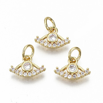 Brass Micro Pave Clear Cubic Zirconia Charms, with Jump Rings, Nickel Free, Eye, Real 16K Gold Plated, 7x11x2mm, Jump Ring: 5x0.8mm, 3.4mm inner diameter