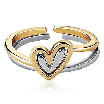 2Pcs Heart Layered Rings, Adjustable Love Ring Stackable Finger Rings, 925 Sterling Silver White Gold Knuckle Rings Jewelry Gift for Women, Antique Silver & Golden, 5.2mm, Inner Diameter: 16mm