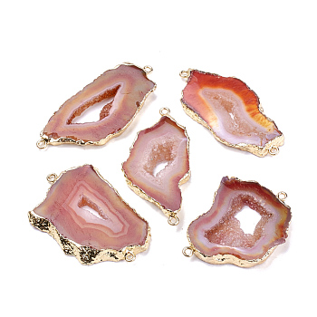 Natural Druzy Agate Pendants, with Golden Tone Iron Findings, Dyed, Nuggets, Dark Orange, 20~60x13~50x4~8mm, Hole: 1~4mm