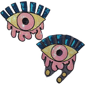 CHGCRAFT 2Pcs 2 Style Iron on/Sew on Sequin Cloth Patches, Costume Accessories, Glittered Appliques, Evil Eye, Mixed Color, 225~320x285~325x1mm, 1pc/style