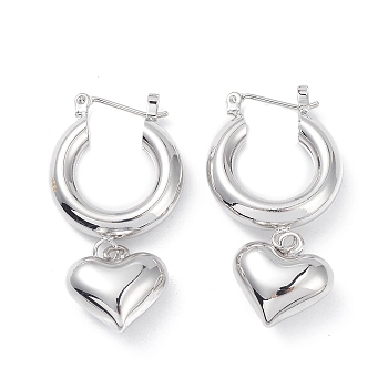 Brass Heart Dangle Hoop Earrings for Women, Platinum, 40mm, Pin: 0.8mm