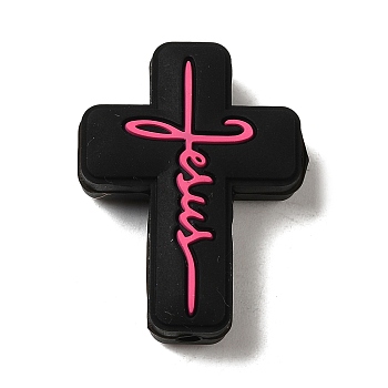Silicone Beads, Cross with Word Jesus, Black, 30x22x8mm, Hole: 2.5mm