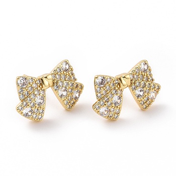 Clear Cubic Zirconia Bowknot Stud Earrings, Brass Jewelry for Women, Real 18K Gold Plated, 11.5x17.5mm, Pin: 0.7mm