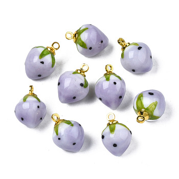 Handmade Porcelain Pendants, with Golden Plated Brass Findings, Famille Rose Style, 3D Strawberry, Lilac, 14~16x10~11mm, Hole: 1.6mm