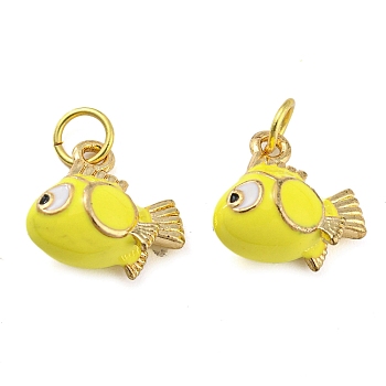 Fish Rack Plating Brass Enamel Charms, with Jump Ring, Long-Lasting Plated, Cadmium Free & Lead Free, Real 18K Gold Plated, Yellow, 12x13x7mm, Hole: 3.8mm