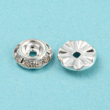 Brass Crystal Rhinestone Beads, Flat Round, Silver, 9x2.5mm, Hole: 1.6~2mm