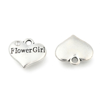 Wedding Party Supply Antique Silver Alloy Rhinestone Heart Carved Word Flower Girl Wedding Family Charms, Cadmium Free & Lead Free, Crystal, 13.5x16x3mm, Hole: 2.5mm