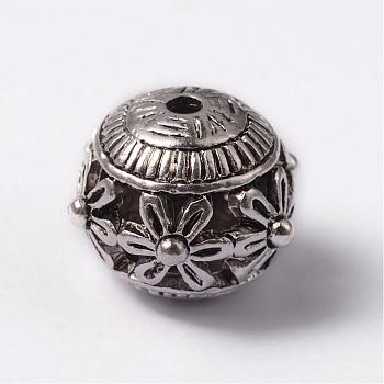 Round Tibetan Style Alloy Hollow Beads, Antique Silver, 15x14mm, Hole: 2mm