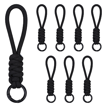 8Pcs Polyester Knitting Wrist Lanyard Hand Mobile Straps, with Alloy Findings, Black, 125x18x12mm