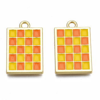 Rack Plating Alloy Checkerboard Pendants, with Enamel, Cadmium Free & Lead Free, Light Gold, Rectangle with Grid Pattern, Coral, 22x13.5x2mm, Hole: 2mm