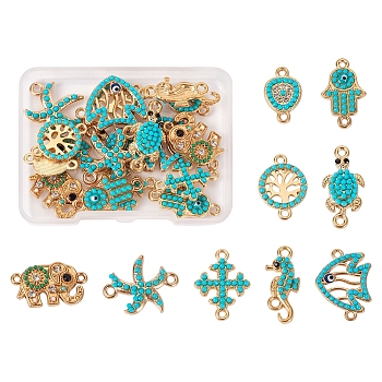 18Pcs 9 Styles Alloy Connector Charms, with Turquoise Color Resin, Cross & Teardrop & Sea Horse, Mixed Shapes, Light Gold, 13.5~26x10~22.5x2.5~4mm, Hole: 1.5~2mm, 2pcs/style