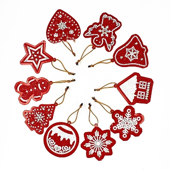 Christmas Theme DIY Diamond Painting Pendant Decoration Kits, including Pendant, Resin Rhinestones, Diamond Sticky Pen, Tray Plate and Glue Clay, Mixed Shapes, FireBrick, 70~75x50~70mm, 10pcs/set