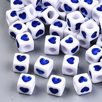 Opaque Acrylic European Beads, Large Hole Cube Beads, with Heart Pattern, Blue, 7x7x7mm, Hole: 4mm
