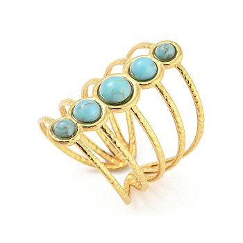 Synthetic Turquoise Beaded Open Cuff Ring, 304 Stainless Steel Hollow Ring, Golden, Inner Diameter: 16.8mm