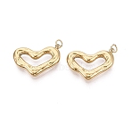Textured & Hollow 304 Stainless Steel Pendants, Heart Charm, Ion Plating(IP), Long-Lasting Plated, Real 14K Gold Plated, 21.5x16x3.5mm, Jump Ring: 4x0.5mm, 3mm Inner Diameter(STAS-H100-50G-01)