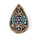 Handmade Indonesia Beads, Teardrop, with Resin & Unplated Brass, Royal Blue, 47.5x30x12mm, Hole: 1.8mm(IPDL-N004-04C)