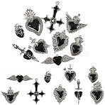 9Pcs 9 Styles Alloy Pendants, with Enamel, Antique Silver, Cross & Heart Charm, Black, 18~53.5x15.5~54x2~5mm, Hole: 1.5~2.5mm, 1pc/style (ENAM-YW0005-90)