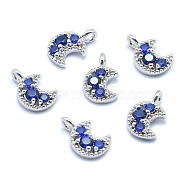 Brass Charms, with Cubic Zirconia, Lead Free & Cadmium Free & Nickel Free, Moon, Blue, Real Platinum Plated, 11x7x3mm, Hole: 1.5mm(KK-P155-37P-01-NR)