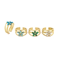 Flower 304 Stainless Steel Open Cuff Rings, Synthetic Turquoise & Malachite Rings for Women, 12mm, Adjustable(RJEW-G314-02G)