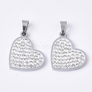 201 Stainless Steel Pendants, with Random Size Snap On Bails and Polymer Clay Crystal Rhinestones, Heart, Stainless Steel Color, 18.5x21.5x2.5mm, Hole: 7~10x3~5mm(STAS-N089-97P)
