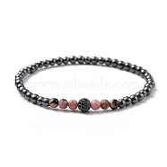 Round Beaded Stretch Bracelets, with Natural Rhodonite Beads, Non-Magnetic Synthetic Hematite Beads and Brass Cubic Zirconia Beads, Inner Diameter: 2-3/8 inch(6cm)(BJEW-JB05328-05)
