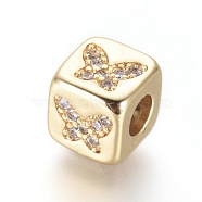 Brass Beads, with Micro Pave Cubic Zirconia, Cube with Butterfly, Clear, Golden, 6x6x6mm, Hole: 3mm(KK-I657-02G)