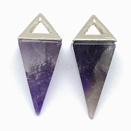 Natural Amethyst Pendants, with Alloy Findings, Triangle, Platinum, 34x14x14.5mm, Hole: 4x6mm(KK-E757-D-05P)