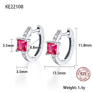 Platinum Rhodium Plated 925 Sterling Silver Hoop Earrings, Square Cubic Zirconia Earrings, with S925 Stamp, Fuchsia, 11.8x13.5mm(ZC1005-9)