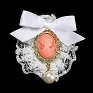 Romantic Classic Polyester Lace Bowknot Brooch for Women, with Iron Pin & Plastic Imitation Pearl, Oval, Light Salmon, 69.5~71.5x64~70x24~26.5mm(JEWB-B011-02D)