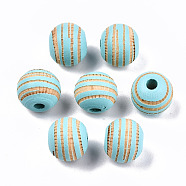 Painted Natural Wood Beads, Laser Engraved Pattern, Round with Zebra-Stripe, Cyan, 10x8.5mm, Hole: 2.5mm(WOOD-T021-54A-06)