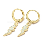 Lightning Bolt Real 18K Gold Plated Brass Dangle Leverback Earrings, with Enamel, White, 29x5.5mm(EJEW-L268-010G-03)