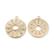 Brass Pave Clear Cubic Zirconia Pendants, Cadmium Free & Nickel Free & Lead Free, Textured, Flat Round with Sun, Real 18K Gold Plated, 22.5x20x2.5mm, Hole: 1.5mm(KK-N232-456LG)