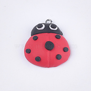 Handmade Polymer Clay Pendants, with Iron Findings, Ladybug, Platinum, Red, 29.5x24.5x10mm, Hole: 1.5mm(CLAY-S093-09)