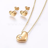 304 Stainless Steel Jewelry Sets, Stud Earrings and Pendant Necklaces, with Rhinestone, Heart, Golden, Necklace: 17.7 inch(45cm), Stud Earrings: 8x11x3.5mm, Pin: 0.8mm(SJEW-O090-32G)