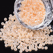 6/0 Glass Seed Beads, Ceylon, Round, Round Hole, Bisque, 6/0, 4mm, Hole: 1.5mm, about 500pcs/50g, 50g/bag, 18bags/2pounds(SEED-US0003-4mm-147)
