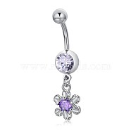 Eco-Friendly Brass Cubic Zirconia Navel Ring, Belly Rings, with Use Stainless Steel Findings, Flower, Lilac, 37mm, Pin: 1.5mm(AJEW-EE0004-35C)