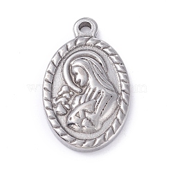 304 Stainless Steel Pendants,  Oval with Saint, Stainless Steel Color, 24x14x3.5mm, Hole: 1.8mm(STAS-P288-08P)