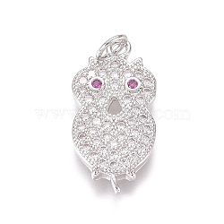 Brass Micro Pave Clear Cubic Zirconia Pendants, with Jump Rings, Owl, Platinum, 19x9.5x2mm, Jump Ring: 4.5x0.7mm, Inner Diameter: 3mm(ZIRC-I036-16P)